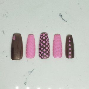 Custom gel Press on Nails Handmade 10 pc set pink brown pokadot 3d heart